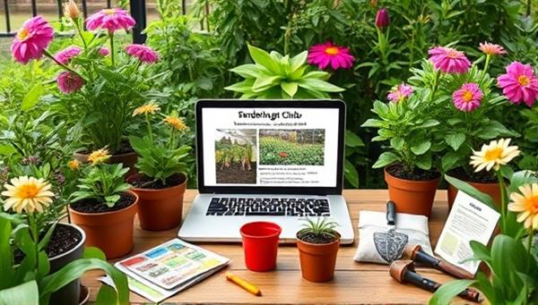 A virtual gardening club scene with plant pots, gardening tools, seed packets, and a laptop displaying a gardening tutorial, surrounded by lush greenery and blooming flowers, creating an inspiring and educational garden oasis in a digital realm.