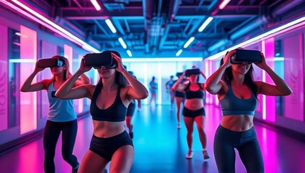 A futuristic gym setting with individuals wearing VR headsets, engaging in a virtual obstacle course with vibrant colors and exciting challenges, showcasing the fusion of technology and fitness.