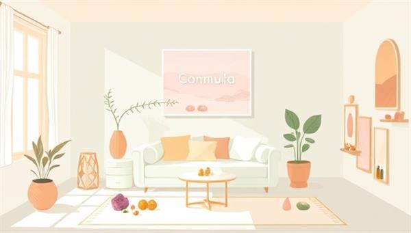 A serene digital illustration of a virtual consultation room in Harmony Heal Hub, featuring calming colors, natural elements, and holistic healing tools like crystals and essential oils, conveying a peaceful and healing environment.