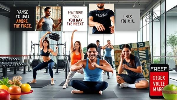 A dynamic digital collage featuring diverse individuals exercising together in a virtual fitness class, surrounded by fitness equipment, healthy food options, and motivational quotes, illustrating the sense of community and support within the online fitness coaching platform.
