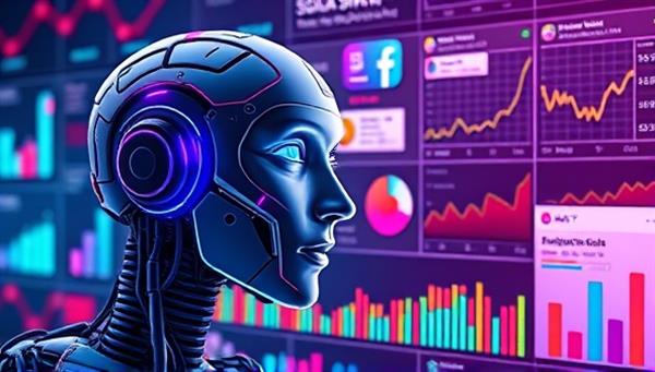 An illustration of a futuristic AI analyzing social media data streams with colorful graphs and charts, overlaid with social media ad previews and engagement metrics, symbolizing AI-driven optimization.