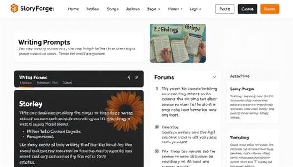 An online writing platform interface displaying a diverse collection of stories, writing prompts, and interactive forums, with writers engaging in virtual workshops, critique sessions, and collaborative storytelling projects, fostering a creative and supportive environment within the StoryForge Hub community.