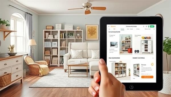 A digital mockup of a cluttered room transforming into a beautifully organized space through virtual home organization consultancy, with interactive design tools and storage solutions displayed on a tablet screen, highlighting the transformative impact of the service.
