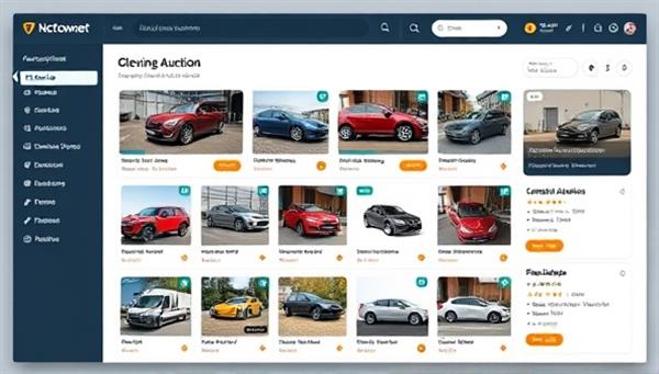 An online dashboard featuring a variety of government auction listings, including vehicles, electronics, and property, with users browsing through different categories and placing bids, creating a dynamic and engaging marketplace environment.