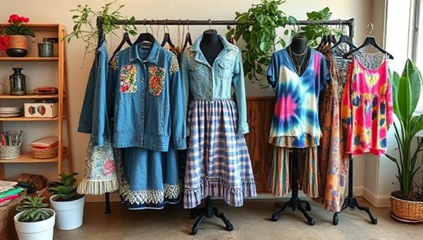 An artistic and vibrant display featuring a collection of upcycled fashion pieces, including repurposed denim jackets, embellished skirts, and tie-dye tops, presented in a chic and sustainable fashion studio setting that conveys creativity and environmental consciousness through innovative design and style.