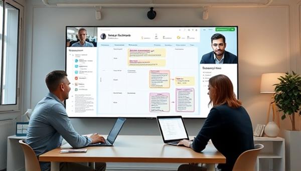 A virtual meeting scene with remote workers collaborating on a digital project board, using video conferencing tools and productivity software, showcasing the efficient and collaborative remote work solutions offered by the consultancy.