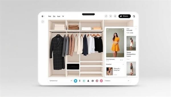 A sleek digital platform interface displaying a virtual closet with various clothing items and style suggestions, all presented in a visually appealing and user-friendly design.