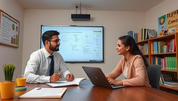 A virtual tutoring session with a tutor and a student engaged in an interactive online learning activity, with digital study materials, a whiteboard, and colorful educational resources, creating a dynamic and engaging virtual learning environment.