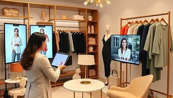 A chic virtual personal styling session featuring a stylist consulting a client on fashion choices through a video call, showcasing clothing racks, style accessories, digital screens with outfit suggestions, and a stylish ambiance, exuding elegance and fashion flair.