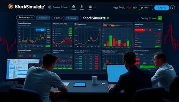 A captivating StockSimulate game interface featuring virtual stock portfolios, market analysis tools, and trading challenges, with players strategizing and competing in a dynamic stock market simulation, symbolizing learning through gamification and skill development in finance.