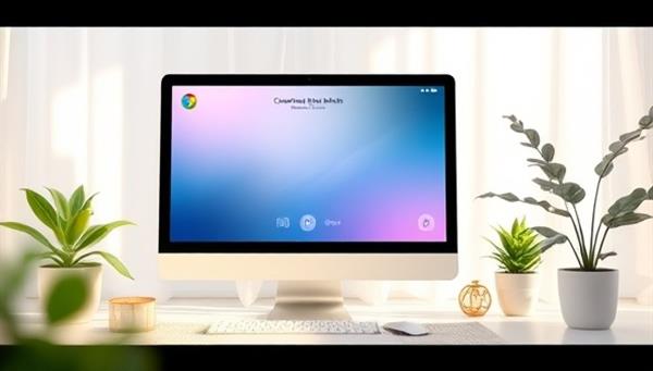 A serene virtual background with a computer displaying a comforting mental health app interface, surrounded by calming elements like plants and soothing colors, creating a peaceful online coaching environment.