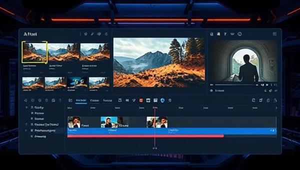 An innovative and futuristic video editing interface displaying AI algorithms analyzing video clips, applying creative effects, and generating edited content in real-time, illustrating the seamless and automated editing process offered by EditEase AI to content creators and filmmakers.