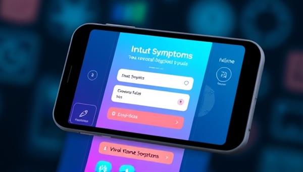 An engaging app interface displaying a user inputting symptoms for a virtual medical diagnosis, with colorful graphics and intuitive design elements, showcasing ease of use and modern technology.