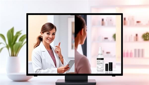 A vibrant and modern digital interface showing a split-screen with a beauty consultant on one side and a client receiving advice on the other, with cosmetic products and skincare samples displayed in the background, illustrating personalized beauty consultations.