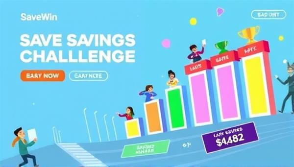 An animated graphic depicting a competitive savings challenge on the SaveWin platform, with user avatars racing towards savings goals, colorful progress bars, and virtual rewards, conveying a sense of excitement and camaraderie in the digital savings competition.