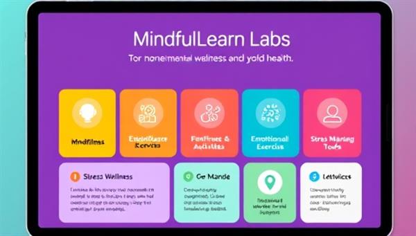 A vibrant digital interface displaying the MindfulLearn Labs curriculum, with colorful icons representing mindfulness activities, emotional intelligence exercises, and stress management tools, conveying a holistic approach to student wellness and mental health education.