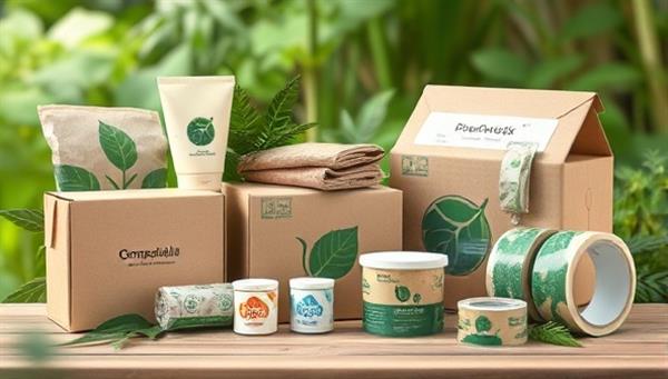 A visually appealing image featuring a series of biodegradable packaging products, including plant-based wrap, compostable boxes, and recyclable packaging tape, arranged in a natural setting to emphasize sustainability and eco-friendliness.
