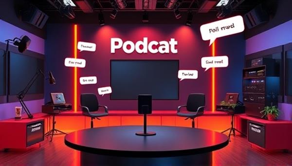 An artistic representation of a podcast studio with interactive elements like floating poll buttons, chat bubbles, and engagement meters, showcasing the dynamic and engaging nature of the interactive podcast hosting platform.