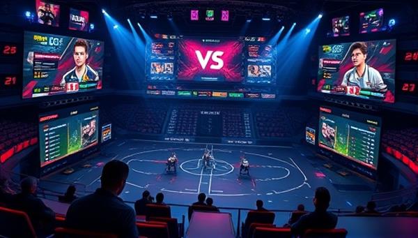 An immersive visual representation of an eSports skill-based betting arena interface featuring live esports matches, player statistics, betting options, and interactive elements for users to engage with the competitive and dynamic world of eSports SkillBet Arena.