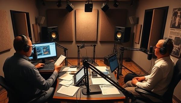 A creative studio setting with sound engineers, voice actors, and writers working together in a state-of-the-art recording booth, surrounded by sound equipment and scripts, capturing the essence of professional podcast creation and storytelling.