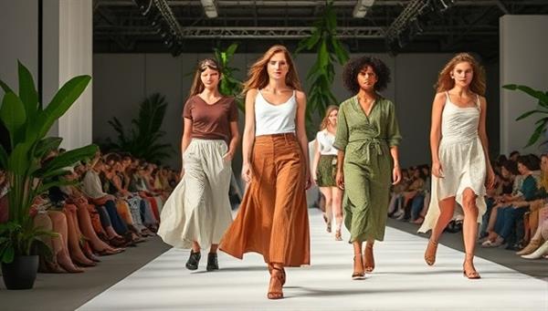 An eco-chic virtual fashion runway featuring sustainable clothing collections, eco-friendly materials, and nature-inspired designs, with models showcasing environmentally-conscious fashion looks and eco-friendly accessories, creating a visual celebration of sustainable style in a virtual fashion marketplace setting.