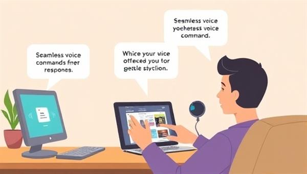 An illustration of a user interacting with a website using a voice-activated device, with speech bubbles showing seamless voice commands and website responses, highlighting the convenience and hands-free experience offered by VoiceWeb Studios