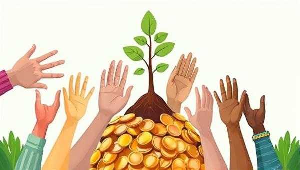 An illustration of diverse hands reaching out to support a tree growing from a pile of coins, symbolizing community collaboration and financial contributions towards environmental sustainability, with a banner displaying "ImpactFund" in the background.