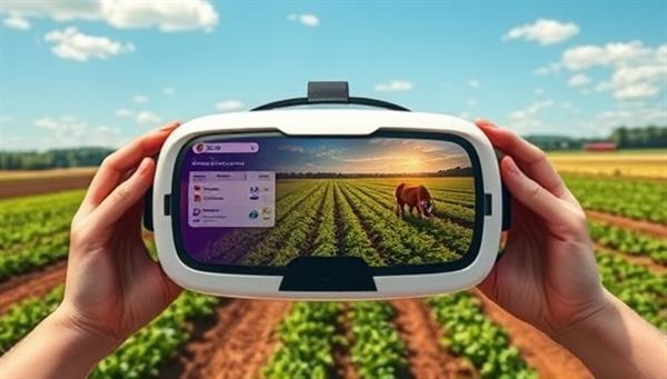 A captivating VR headset image displaying a user immersed in a virtual tour of a lush farm landscape, with interactive elements and educational pop-ups highlighting different crops, animals, and sustainable farming practices, showcasing the immersive and educational nature of the FarmVista Tours platform.