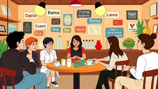 An inviting virtual cafe setting with diverse avatars conversing in various languages, sharing cultural insights, and enjoying language learning activities together, creating a vibrant and interactive online space for linguistic exploration and community building.