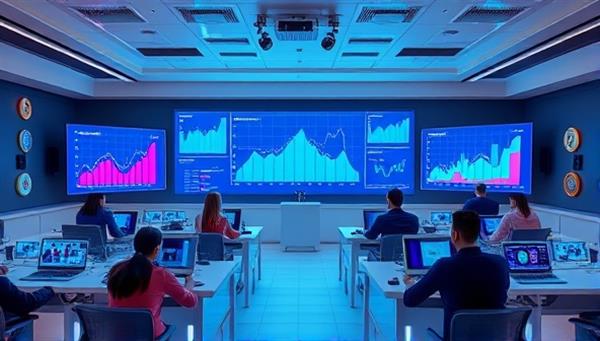 A vibrant and futuristic digital classroom setting with animated graphs and charts on screens, students interacting virtually, and a backdrop of digital currency logos, creating a dynamic and immersive learning environment.