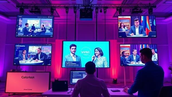 A vibrant digital event setup, featuring a virtual event planner coordinating a virtual conference with multiple screens displaying different event elements like presentations, networking sessions, and entertainment, reflecting the versatility and innovation of virtual event planning services.