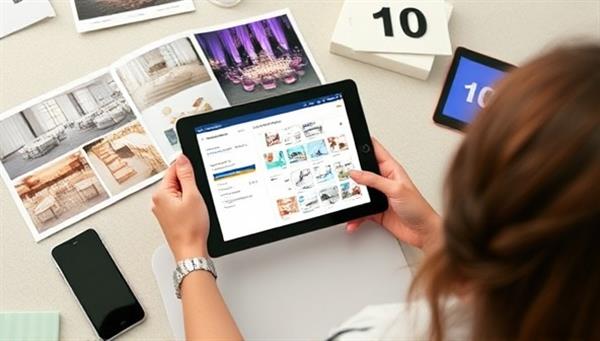 A virtual event planning scenario with an event coordinator designing a digital event layout and agenda on a tablet, surrounded by event decor samples and technological devices, illustrating a seamless and innovative approach to virtual event management and coordination.