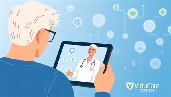 An illustration showing a patient having a virtual consultation with a healthcare provider on a tablet, with medical icons in the background symbolizing telehealth services, emphasizing the convenience and accessibility of VirtuCare Connect.