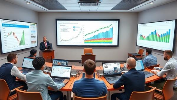An educational virtual classroom setup with financial charts, graphs, and calculators displayed on screens, alongside a knowledgeable instructor guiding participants through financial concepts and strategies, fostering a learning environment focused on financial empowerment.