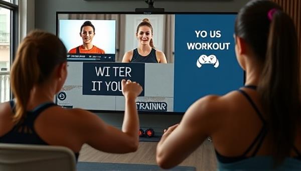 An interactive workout session scene featuring a virtual trainer guiding a user through exercises via a video call, with fitness trackers and motivational quotes displayed on the screen, illustrating the dynamic and engaging nature of the online coaching service.