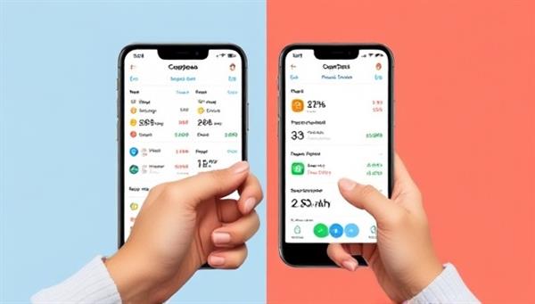 An artistic representation of a couple managing their finances together on the CoupleCoins Tracker app, with a split-screen showing synchronized updates on expenses, budget progress, and financial goals, illustrating the collaborative and harmonious aspect of shared financial management.