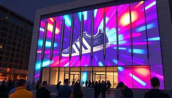 An image of a dynamic and colorful projection display on a building facade, showcasing a product in motion with interactive elements, attracting a crowd of onlookers and creating a buzz around the brand being promoted.