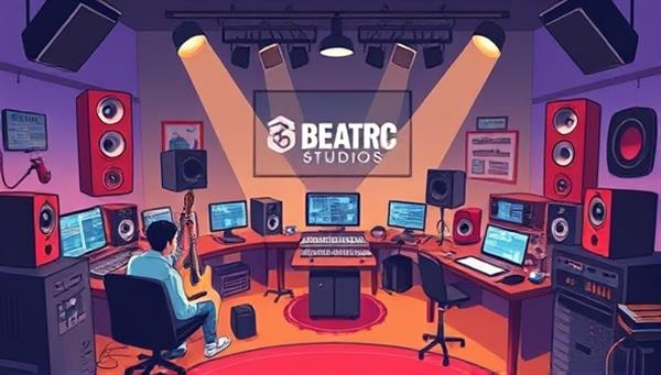 A dynamic digital illustration featuring a virtual music studio environment with digital audio workstations, musical instruments, and creative tools, where participants engage in collaborative music projects and learning activities, capturing the essence of creativity and innovation at BeatForge Studios.