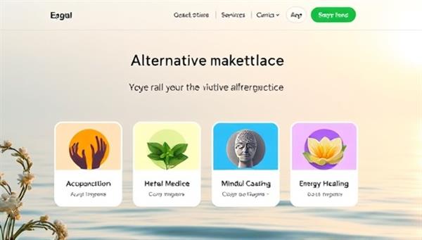 An inviting and serene virtual marketplace interface showcasing a variety of alternative therapy offerings, with colorful icons representing acupuncture, herbal medicine, mindfulness coaching, and energy healing, inviting users to explore holistic wellness practices in a digital space.