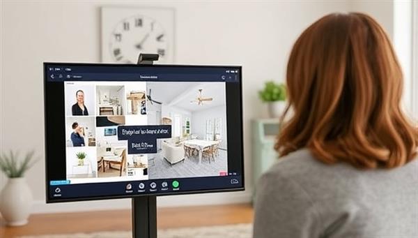 A virtual interior design consultation scene with a designer presenting a digital mood board and 3D room renderings to a client via a video call, showcasing the personalized design process and creative solutions offered by DesignVista.
