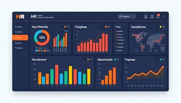An innovative HR dashboard displaying key HR metrics, employee engagement data, and recruitment progress, symbolizing the efficient and technology-driven HR consulting services provided to startups by the virtual HR consultancy.