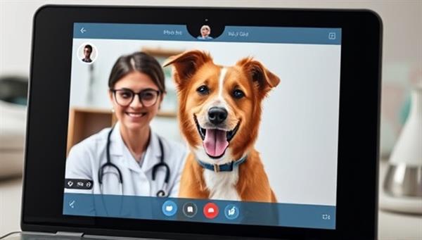 An interactive digital interface showing a video call between a pet owner and a veterinarian, with a happy pet in the background receiving virtual care and attention, illustrating the convenience and comfort of VetConnect.