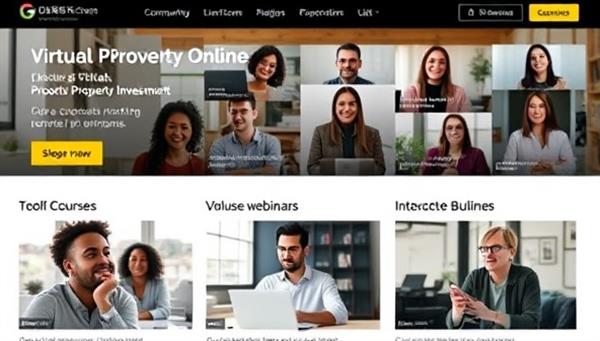 An online learning platform showcasing a diverse group of users engaging in virtual property investment courses and interactive webinars, highlighting the platform