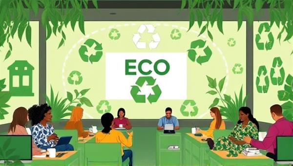 A virtual eco-conscious hub with green-themed visuals, recycling symbols, and a diverse group of participants sharing eco-tips and engaging in sustainability activities, highlighting the community-driven and environmentally friendly essence of EcoShift Virtual