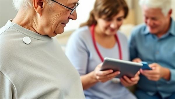 An elderly person wearing a discreet health monitoring device, a caregiver checking real-time data on a tablet, and a family member remotely accessing the monitoring app, highlighting the seamless and comprehensive care provided by Senior Care Link.