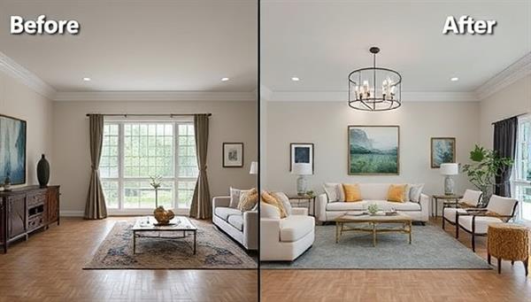 An enticing before-and-after image of a living room, split-screen to show the transformation from empty to virtually staged with elegant furniture and decor, highlighting the impact of virtual staging on property presentation.