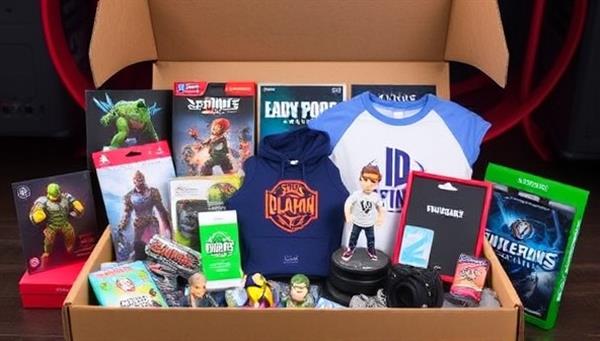 An enticing subscription box display showcasing a variety of gaming merchandise items, including figurines, apparel, accessories, and in-game collectibles, arranged in a visually appealing and themed presentation, inviting subscribers to unbox and discover their monthly surprises.