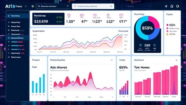 An AI-powered dashboard displaying real-time ad performance metrics and personalized audience insights, surrounded by digital graphs and charts, representing data-driven advertising strategies.