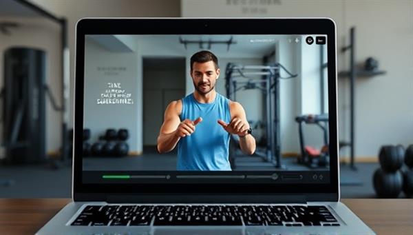 An engaging virtual fitness session displayed on a laptop screen, with a fitness coach guiding a subscriber through exercises, surrounded by motivational quotes and fitness equipment in the background, portraying a dynamic and interactive fitness experience.