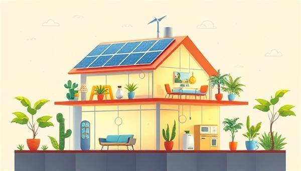 A futuristic illustration depicting a smart home ecosystem powered by renewable energy sources, with solar panels on the roof, smart appliances controlled via a mobile app, and greenery integrated into the interior design, symbolizing a harmonious blend of technology and sustainability.